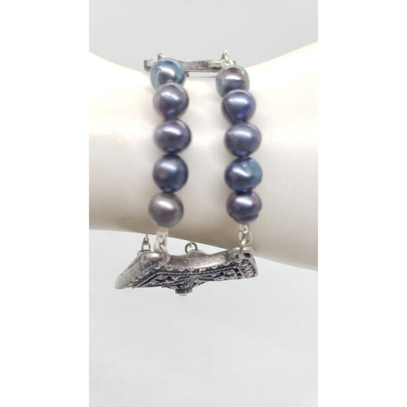Haley Hill Bracelet Purple Gray Freshwater Pearl & Rhinestones Art Deco Signed - Picture 3 of 13